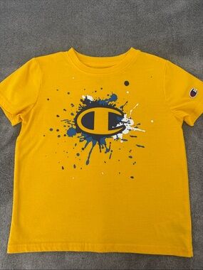 Champion Yellow Tee with Blue & White Logo Splash